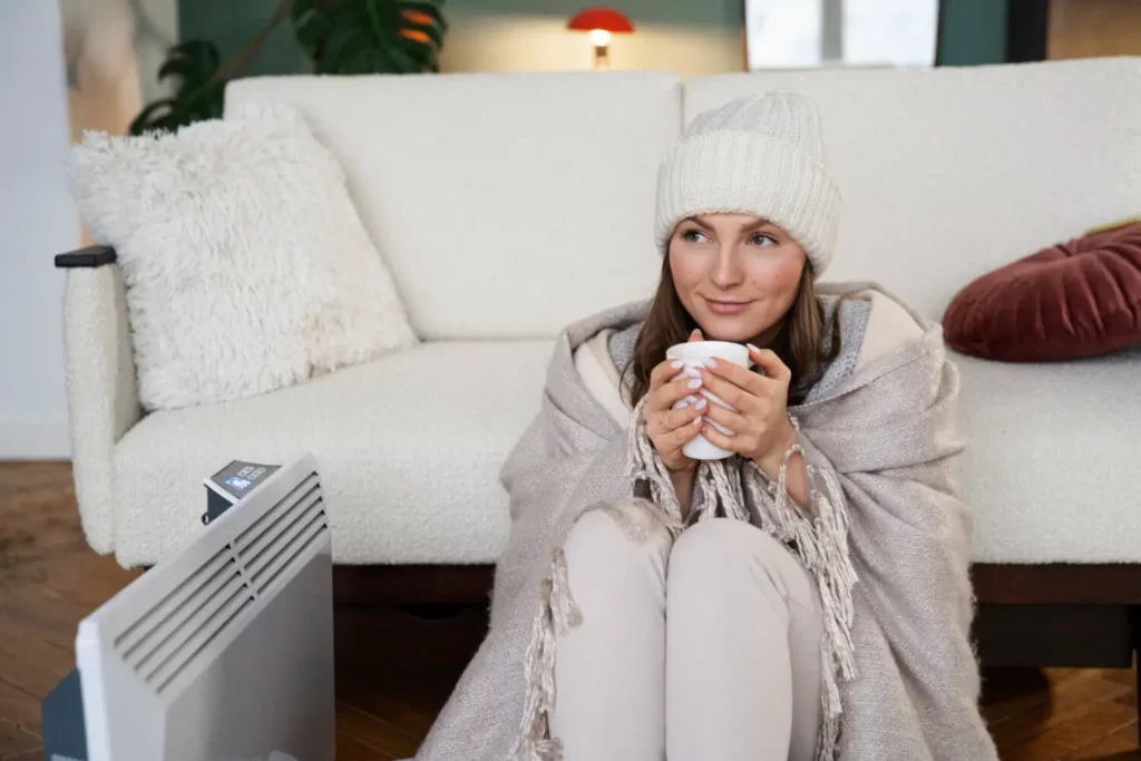 person holding a coffe cup wearing winter clothes sitting next to a heater