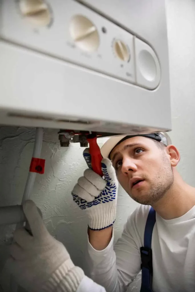 plumber holding a screwdriver and repairing water heater